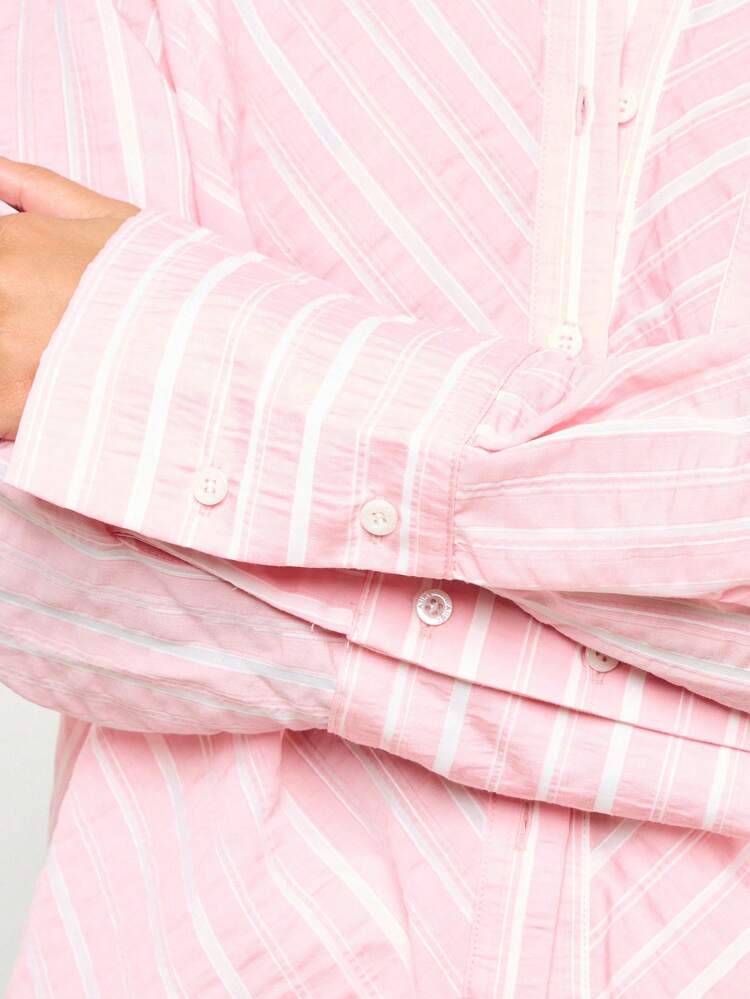 Diagonal Striped Button Down Blouse Long Sleeve