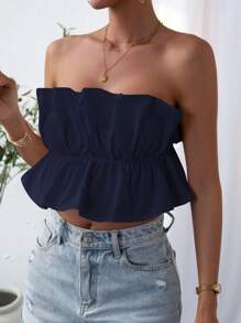 SHEIN Privé Áo ống nhún cắt ngắn màu trơn không dây cho nữ ngày lễ - Màu xanh hải quân - Xem 3