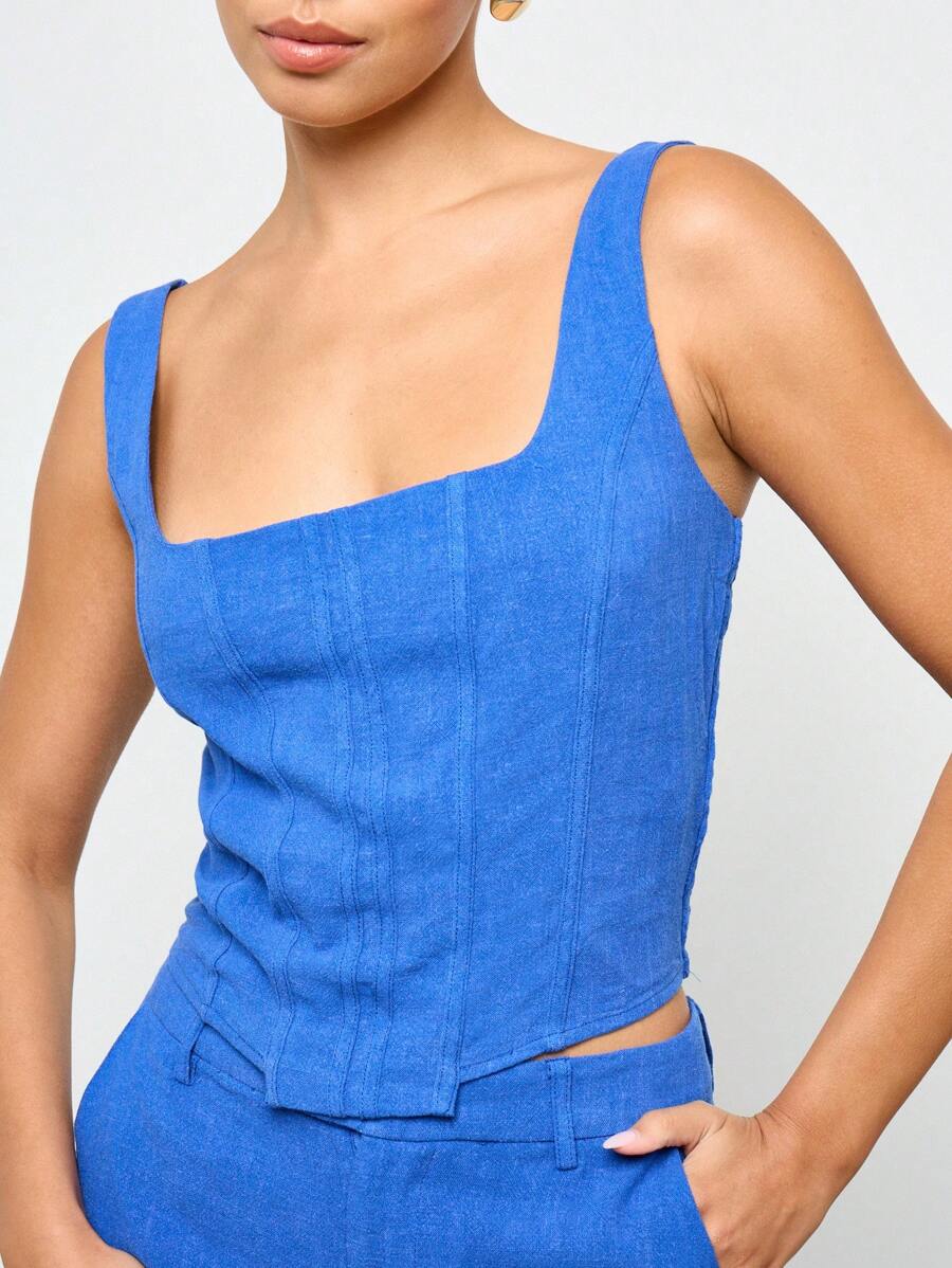 AiiRZ Leinen Korsett Crop Top mit Knochen, breite Träger, quadratischer Ausschnitt, ärmellos, figurbetont für Nachtausgänge, Partys, Urlaub, Resort