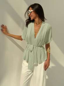 Aloruh Women's Solid Color Batwing Sleeve Shirt, Fashionable For Summer - Green - View 5