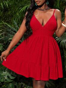 Slaydiva Plus Size Red,Summer,Boho,Satin,Beach,Holiday Sleeveless A-Line Mini Dress,Solid Color Perforated Jacquard Fabric Ruffled Hem Casual Summer Dresses - Red - View 2