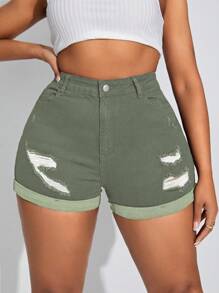 SHEIN SXY Quần short denim bó sát giặt thường ngày cỡ lớn - màu xanh lá - Xem 3