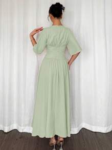 Firerie 女士休闲优雅 V 领短袖 A 字中长连衣裙，腰部拉链和褶饰，橙色，适合日常、通勤、度假穿着 - 薄荷綠 - 查看 2