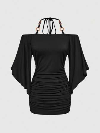 Hippie Vintage überschnittene Holzperlen Dekoration, Fledermaus-Ärmel Mini-Kleid für Frauen