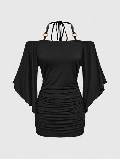Hippie Vintage Oversized Wood Beads Decor Batwing Sleeve Mini Dress For Women