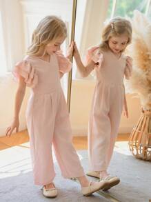 SHEIN Young GirlV-Neck Multi-Layer Ruffle Designed Fitted Pink Jumpsuit - Pink - View 3