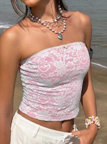 Jouncy Women's Vacation Floral Lace Fitted Bustier Top - Pink - View 3