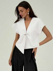 Aloruh 女士纯色休闲时尚不对称短袖衬衫 - 白色 - 查看 2