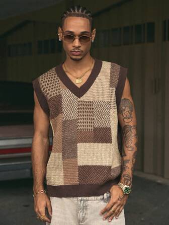 AXEPEAK Heren Colorblock V-hals Mouwloos Casual Gebreid Vest, Streetwear Geïnspireerd