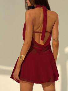 Aloruh 全新性感露背纯色挂脖深垂领不对称荷叶边下摆迷你连衣裙，适合外出 - 酒紅色 - 查看 2
