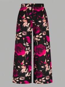 SHEIN CURVE+ Pantalon casual à taille haute et imprimé floral grande taille, style minimaliste pour un port quotidien, Saint-Valentin - Multicolore - Voir 2
