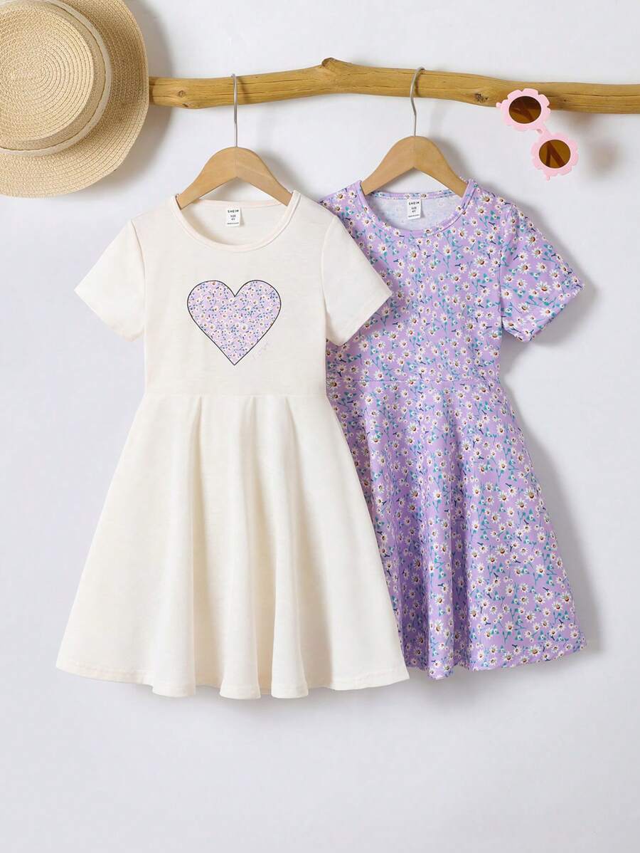 Elladie kids 2件組少女休閒彩色彩虹愛心印花短袖洋裝套裝,夏季女孩休閒洋裝 - 彩色 - 查看 1