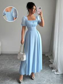 Elenzga Elegant Pleated Design Blue Dress With Cinched Waist, Square Collar, Slim Fit, Chic French Style - Blue - View 1