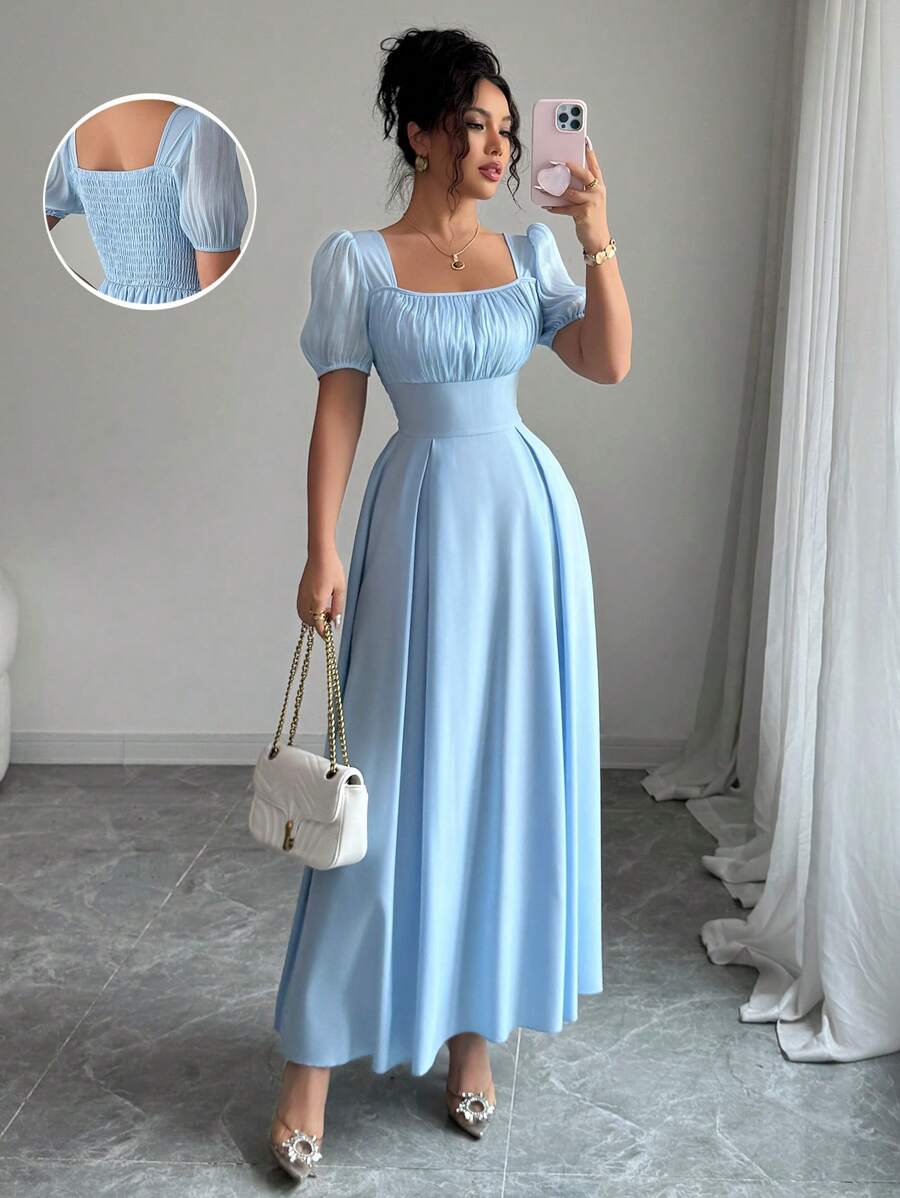 Elenzga Elegant Pleated Design Blue Dress With Cinched Waist, Square Collar, Slim Fit, Chic French Style - Blue - View 1