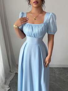 Elenzga Elegant Pleated Design Blue Dress With Cinched Waist, Square Collar, Slim Fit, Chic French Style - Blue - View 5