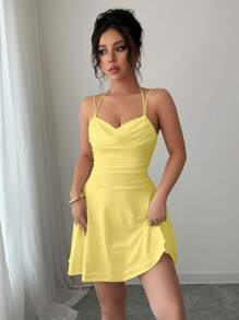 Chiquease White Color Sexy Backless Sleeveless Ruched Yellow Dress,Women Birthday Outfits,Concert Outfits,Date Night Dress,Holiday Carnival Party Dress, Women Short Dresses Summer - Yellow - View 4