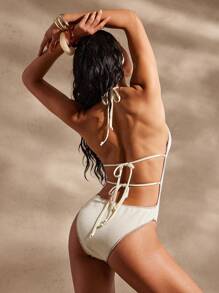 Hauture Costume da bagno di una pezza da donna per l'estate, con punti a frusta marrone e perline di legno