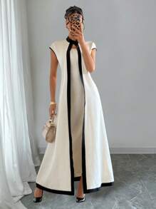 SHEIN Unity 优雅撞色饰边长衬衫和吊带裙两件套，夏季 - 杏色 - 查看 1
