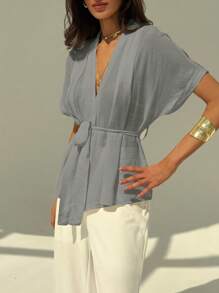 Aloruh Camisa de mujer de manga corta lisa, moda adecuada para el verano - Gris Claro - Ver 4