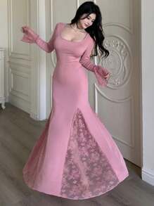 Modelyn 女士针织撞色蕾丝喇叭袖高腰优雅中长连衣裙，适合约会、聚会 - 粉色 - 查看 3