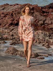 Lumivelle Vestido mini de manga larga con cuello en V y adorno de estampado floral para vacaciones para mujeres