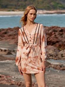 Lumivelle Vestido mini de manga larga con cuello en V y adorno de estampado floral para vacaciones para mujeres