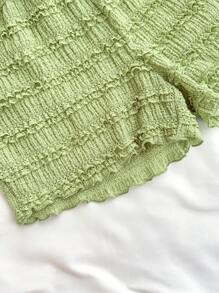 SHEIN Conjunto de 2 piezas de niña adolescente con short verde de cuello de halter, colores macarrón, encaje texturizado, casual y fresco, adecuado para vacaciones de verano - Verde - Ver 7