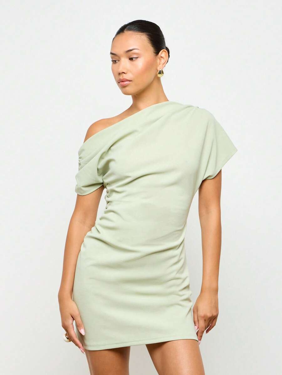 AiiRZ One Shoulder Ruched Mini Dress Asymmetrical Party Evening Short  Sleeve Fitted Summer Spring Wedding Guest ElegantMISSGUIDED