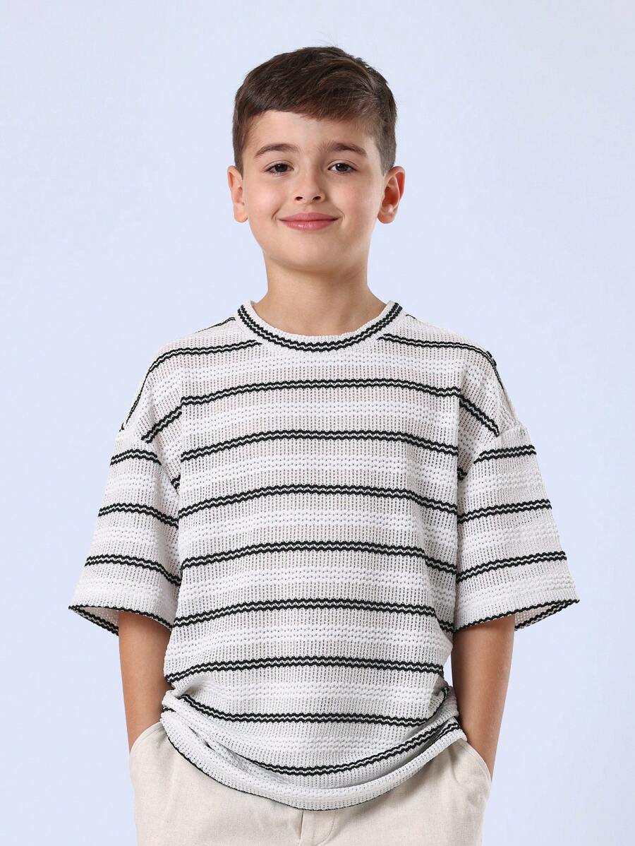 SUMWON 针织纹理条纹图案短袖夏季青少年T恤休闲轻薄沙滩度假装 - 黑與白 - 查看 1