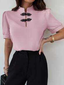 Firerie Blusa abotonada de manga abullonada con bloques de color, elegante y romántica, para mujer, para primavera/verano - Rosa - Ver 8