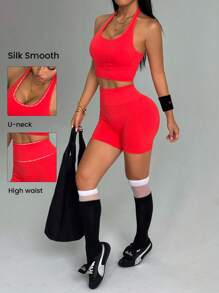 Easithlete Women Solid Color Cropped Halter Neck Tank Top & Shorts Sports Set - Red - View 6