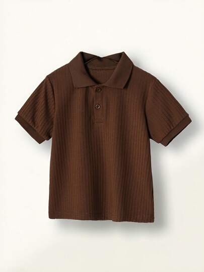 SHEIN Vacaura 小男孩夏季纯色马球领宽松休闲短袖衬衫