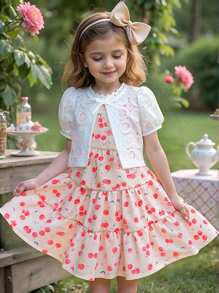 Young Girls 2pcs Outfit Cutout Short Sleeve Jacket, Ditsy Floral Strap Dress Young Girls Summer Clothes For Family Vacation, Matching Summer Commuter Style - Pink - View 3