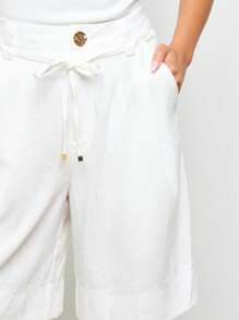 AiiRZ Linen Feel Tailored Bermuda Shorts Boardroom Resort Beach Drawstring Waist Professional Bottoms Spring Collection Office Casual Dressy,Linen Pants - White - View 5