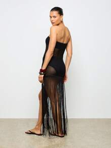 AiiRZ Bandeau Beachwear Crochet Tassel Maxi Dress - Black - View 2