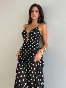 Aloruh 女士波点印花吊带长裙 - 黑色 - 查看 6