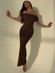 Aloruh Abito aderente da donna con spalle scoperte, in tessuto strutturato, adatto per appuntamenti, vacanze, primavera/estate - Castano - Visualizzare 7