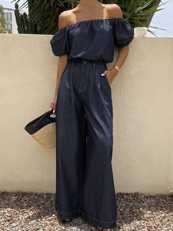 DAZY Women Denim Two Pieces Outfits,Off Shoulder Top