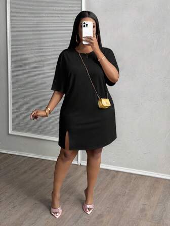 Slaydiva Plus Size Early Spring Resort Casual Pink Side Slit Loose Fit Drop Shoulder Sleeve Dress,Sundress,Summer Dresses For Women