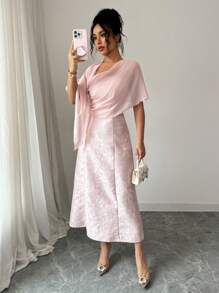 Elenzga 女士提花肩带披肩领腰带 A 字连衣裙 - 粉色 - 查看 4