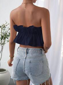 SHEIN Privé Áo ống nhún cắt ngắn màu trơn không dây cho nữ ngày lễ - Màu xanh hải quân - Xem 2