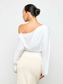 AiiRZ 露肩束身衣式裹身衬衫优雅宽喇叭袖短款上衣高级时尚度假装精致晚礼服