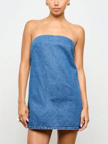 AiiRZ 无肩带牛仔迷你连衣裙 A 字型经典夏季太阳裙街头风格毛边下摆派对俱乐部 Y2K 节复古抹胸连衣裙 - 藍色 - 查看 5