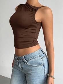 Aloruh Top corto senza maniche con scollo tondo arricciato, elegante e sensuale, da donna