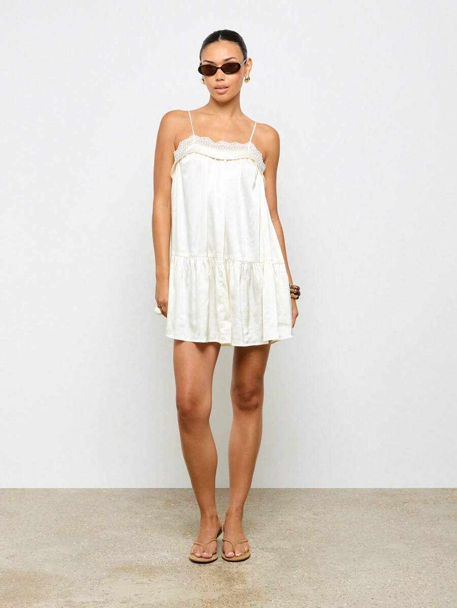 AiiRZ Silky Satin Drop Waist Mini Slip Dress Lace Trim Flowy Ruffle Bottom  Summer Wedding Guest Reception Beach Resort Vacation Party Sleepwear  Relaxed FitMISSGUIDED