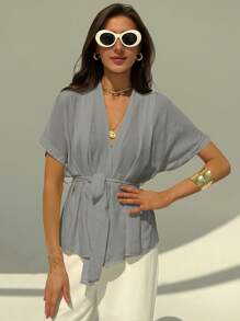 Aloruh Camisa de mujer de manga corta lisa, moda adecuada para el verano - Gris Claro - Ver 3