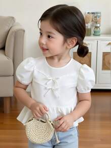 SHEIN Blusa informal casual de manga abullonada con lazo 3D para niña joven en verano - Blanco - Ver 9