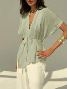Aloruh Women's Solid Color Batwing Sleeve Shirt, Fashionable For Summer - Green - View 8