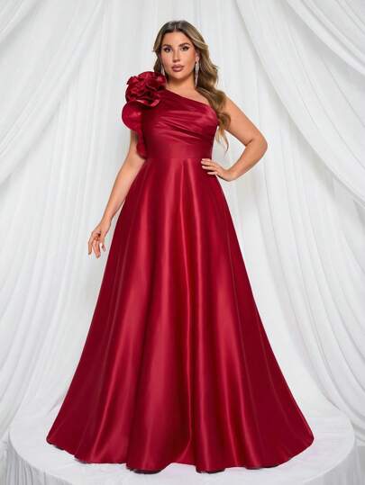 Glamrae Vestido de noche formal elegante de talla grande en rojo con detalle floral fruncido y cuello asimétrico, vestido de fiesta para invitados de bodas