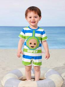 Teletubbies X SHEIN Tuta neonato maschio carina a righe verdi e blu con stampa cartoni animati